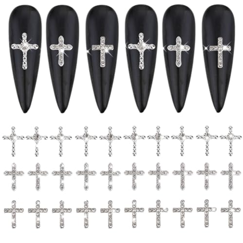 HOBBIESAY 3 Stil 30 Stück Kreuz Nagel Anhänger Silberne Kristall Kreuz Nagel Anhänger 3D Nagelkunst Dekoration Legierung Strass Nagel Für Frauen DIY Nagelkunst Zubehör Maniküre Dekorationen von HOBBIESAY