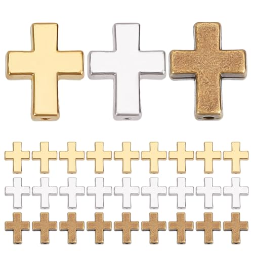 HOBBIESAY 30 Stück Kreuz Abstandshalterperlen 3 Farben Gold Silber Antik Bronze Kruzifix Kreuz Anhänger 15mm Metall Verbindungsperle Für Die Herstellung von DIY Armbändern Und Halsketten Bohrung: 2mm von HOBBIESAY