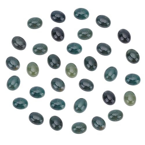 HOBBIESAY 30 Stück Natürlicher Ovaler Moosstein 10mm Flache Rückseite Achat Edelsteinkristalle Edelstein Cabochons Quarz Chakra Kristallperlen Kein Loch Zur Schmuckherstellung von HOBBIESAY