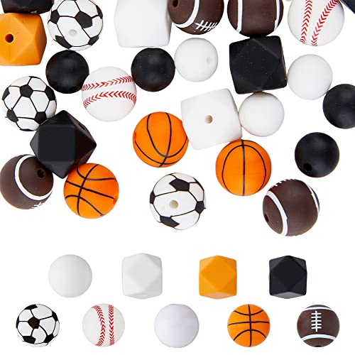 HOBBIESAY 36 Stück 9 Stile Silikon Sportperlen Fußball Basketball Rugby Tennis Lose Perlen Set Mit Elastischem Seil Sport Geometrische Würfel Runde Winzige Bälle von HOBBIESAY