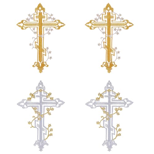 HOBBIESAY 4 Stück 2 Farben Kreuz Design Umlaufende Sterne Applikationen Polyester Metallfaden Stickerei Aufnäher Gold Silber Farbe Faithul Aufnäher Applikationen Zum Nähen Basteln Dekorieren von HOBBIESAY