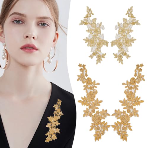 HOBBIESAY 4 Stück 2 Stile Stickerei Spitzen Blumen Applikationen Gold Polyester Blumenaufnäher Aufnäher Zum Aufbügeln Näh Applikationen Für Hochzeitskleid Kleid Kostüm DIY von HOBBIESAY