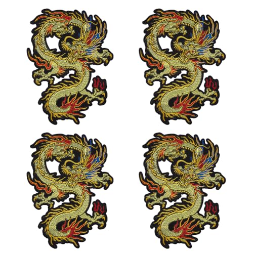 HOBBIESAY 4 Stück Gelber Drache Applikationen Kostüm Chinesischer Drachen Aufnäher Polyesterstoffe Sticktuch Zum Aufnähen Große Drachen Aufnäher Zur Dekoration von HOBBIESAY