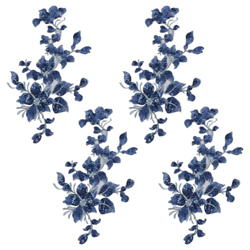 HOBBIESAY 4 Stück Stickerei Pailletten Spitzenapplikationen Blaue Blätter Blumen Aufnäher Polyester Dekorative Blumenapplikationen Kleider Nähdekorationen Für Stoff DIY Basteln von HOBBIESAY