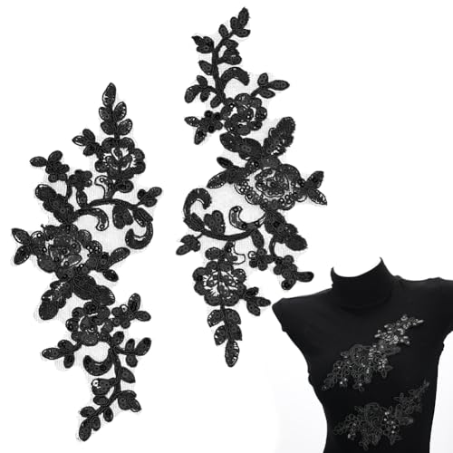 HOBBIESAY 4 Stück Stickerei Pailletten Spitzenapplikationen Schwarze Blattblumen Aufnäher Polyester Dekorative Blumenapplikationen Kleid Nähdekorationen Für Stoff DIY Basteln von HOBBIESAY