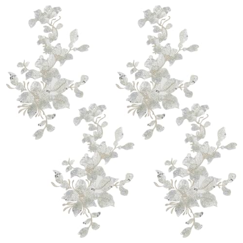 HOBBIESAY 4 Stück Stickerei Pailletten Spitzenapplikationen Silberne Blattblumen Aufnäher Polyester Dekorative Blumenapplikationen Kleider Nähdekorationen Für Stoff DIY Basteln von HOBBIESAY