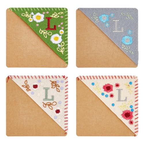 HOBBIESAY 4 Styles Ecklesezeichen Personalisierte Handbestickte Lesezeichen Filz Dreiecksseite Genähte Lesezeichen Niedliche Blumen Buchstaben Stick Lesezeichen Mit Kraftpapier von HOBBIESAY