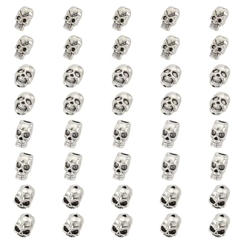 HOBBIESAY 40 Stück 4 Stile Silberne Totenkopf Perlen 8-12mm Tibetischen Totenkopf Perlen Legierung Totenkopf Lose Abstandsperlen Totenkopfkopf Perlen Loch: 1.5-4mm von HOBBIESAY