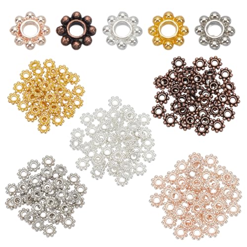 HOBBIESAY 5 Farbe 200 Stück Blumen Abstandsperlen 5mm Mini Metallperlen Lose Perlen Im Tibetischen Stil Gänseblümchen Perlen Verbindungsperlen Für DIY Armbänder Schmuckherstellung Bohrung:1.8mm von HOBBIESAY