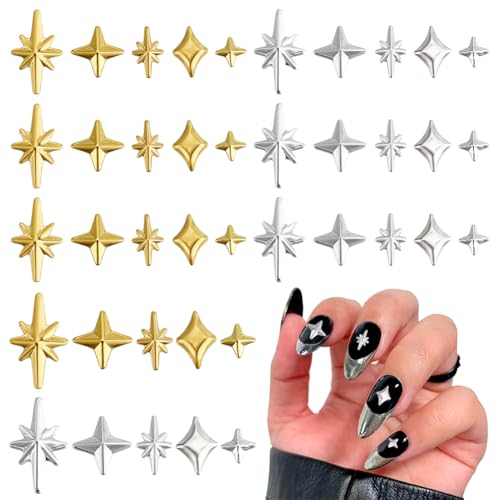 HOBBIESAY 5 Stil 1000 Stück Stern Nagel Charms 3 7.5mm Gold/Silber Stern Nagelkunst Charms 3D Nagelkunst Dekoration Legierungsnagel Für Frauen DIY Nagelkunstzubehör Maniküre Dekorationen von HOBBIESAY