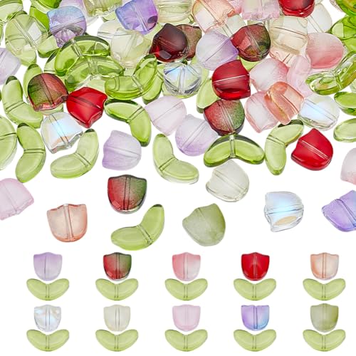 HOBBIESAY 60 Set Tulpenblumenperlen 10 Farben Lose Kristall Abstandshalter Glasblumenperlen Bunt Handgefertigt Durchscheinende Blumenperlen Für Die Herstellung von DIY Ohrringen Halsketten Armbändern von HOBBIESAY