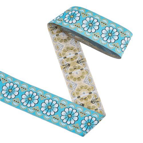 HOBBIESAY 7m Langes Jacquard Stickband Cyan Stickerei Gewebte Polyesterbänder Geometrisches Webband Stickband Im Ethnischen Stil Zum Nähen von Kleidung Heimdekor Accessoires von HOBBIESAY