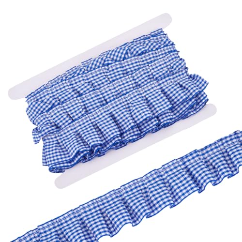 HOBBIESAY 9,1 m Gingham-Rüschenband, 3,8 cm, Kornblumenblau, Gingham-Rüschen, plissiert, Spitzenbesatz, Rüschen, Spitzenband für Heimdekoration von HOBBIESAY