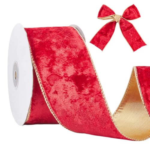 HOBBIESAY 9,1 m rotes Samtband, 6,9 cm breit, rotes Weihnachtsband mit Draht und goldener Rückseite, Weihnachtsbaum-Bänder für Geschenkverpackungen, Innen- und Außenbereich, Dekoration, Hochzeit, von HOBBIESAY