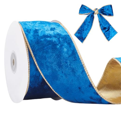 HOBBIESAY 9.14m Blaues Samtband Blaues Weihnachtsband Mit Draht Und Goldfarbenem Drahtrandbesatz Auf Der Rückseite Weihnachtsbaumbänder Zum Verpacken von Geschenken Für Die Innen Und Außendekoration von HOBBIESAY