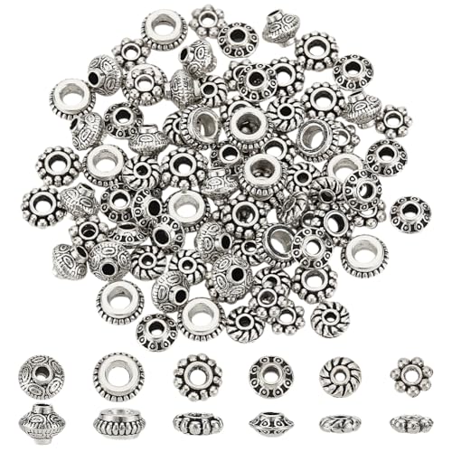 HOBBIESAY 90 Stück 6 Stile Abstandsperlen In Antik Silber 5.4 7.5mm Perlen Im Tibetischen Stil Legierungsröhren Abstandshalter Blumen Abstandsperlen Flache Rondellperlen Zur Schmuckherstellung von HOBBIESAY