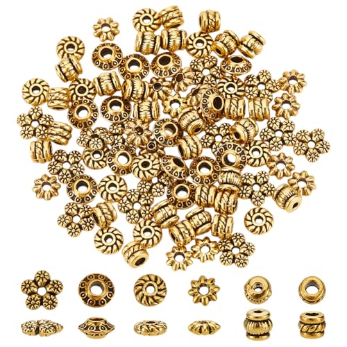 HOBBIESAY Abstandshalter in 6 Stilen, Antik-Goldfarben, 5–7 mm, tibetischer Stil, Legierung, Abstandshalter, Blumen-Abstandshalter, flache Rondelle, kleine lose Perlen für Schmuckherstellung, Loch: von HOBBIESAY