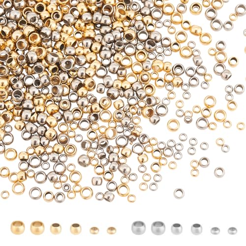 HOBBIESAY Ca.600 Stück 304 lose Edelstahlperlen Quetschperlen 2/2.5/3mm Abstandsperlen Goldene Und Silberne Stopperperle Zum Selbermachen Basteln Schmuckherstellung Halsketten Armbänder von HOBBIESAY