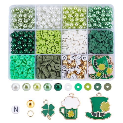 HOBBIESAY Etwa 1350 Stück grüne Tonperlen, Freundschaftsarmband-Bastelset, Heishi-Ton-Abstandshalter-Perlen mit Charms, Buchstaben-Perlen für Frauen, DIY-Armband, Ohrringe, Basteln von HOBBIESAY