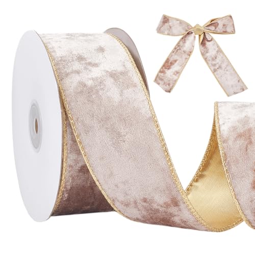 HOBBIESAY Kamel-Samtband, 4,8 cm breit, Weihnachtsband mit Draht und goldener Rückseite, Weihnachtsbaum-Bänder für Geschenkverpackungen, Innen- und Außenbereich, Dekoration, Hochzeit, Party, 9,1 m von HOBBIESAY