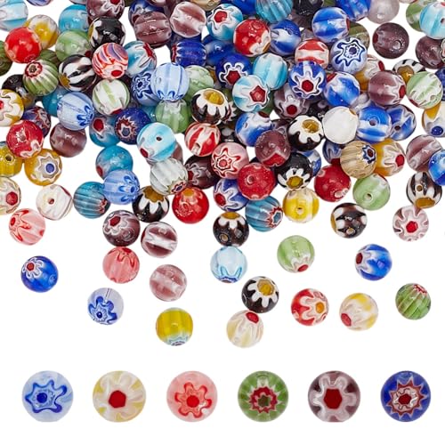 HOBBIESAY Millefiori Glasperlen, rund, 6 mm, bunt, lose Blumen, glasierte Perlen für Schmuckherstellung, Loch: 1 mm, ca. 200 Stück von HOBBIESAY