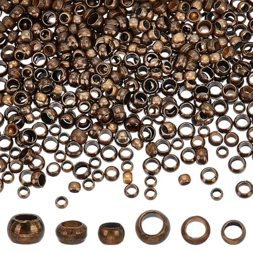 HOBBIESAY Quetschperlen aus Messing, 3 Stile, Antik-Bronze, Röhrenperlen, Crimprohr-Zubehör, runde Röhre, lose Abstandshalter für Schmuckherstellung, Loch: 1–2 mm, 600 Stück von HOBBIESAY