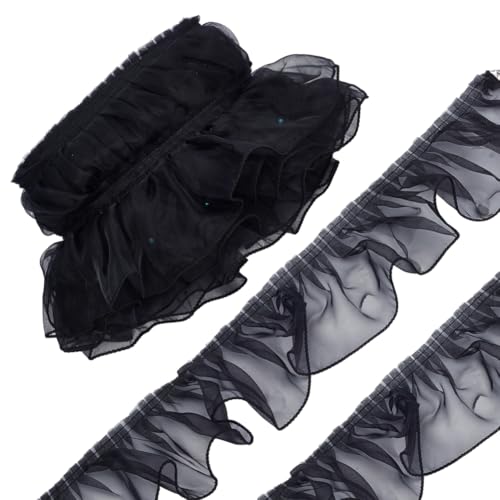 HOBBIESAY Spitzenbesatz Organza Spitzenband 9.14m 9.7cm Breit Schwarzes Plissee Stoffband Chiffon Einfassung Besätze Zum Nähen Basteln Verzierung Für Hochzeiten Brautkleider Und Kleidung von HOBBIESAY