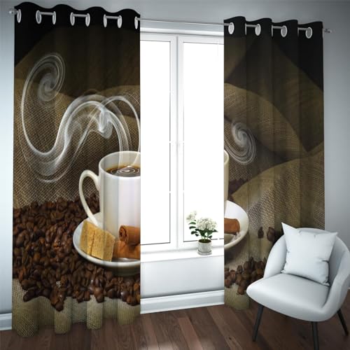 HOBBOY Wohnkultur Fenstervorhänge heißer Kaffee & Kaffeebohnen Verdunkelungsvorhänge für Schlafzimmer Wohnzimmer Küche wärmeisolierte Vorhänge 2 Paneele 2xW140xL245cm von HOBBOY