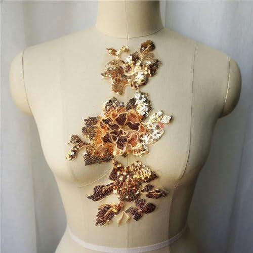 2 Stück Gold Pailletten Blume Spitze Stoff Kragen bestickte Kleid Applikationen Mesh Nähen Auf Patch für Hochzeitsdekoration Kleid DIY von HOCEDO