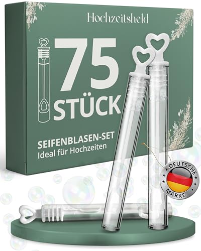 HOCHZEITSHELD Seifenblasen Hochzeit 75 Stück mit weißem Herz-Griffstück - Optimal als Standesamt Deko oder Überraschung - Perfekt als Hochzeitsdeko Tisch oder mit Freudentränen - Mini Luftblasen Herz von HOCHZEITSHELD