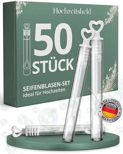 Hochzeitsheld® Seifenblasen Hochzeit 50 Stück - Perfekt als Hochzeitsdeko oder Standesamt Überraschung - Hochzeit Seifenblasen befüllt und sofort einsatzbereit - Hochzeitsseifenblasen mit Herzgriff von HOCHZEITSHELD