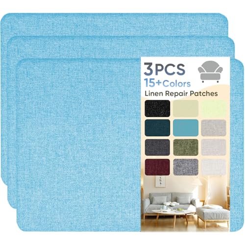 Flicken Selbstklebend Stoff, Leinen Reparatur Patches, Stoffe Reparatur, 20 x 28 cm Leinenstoff Patches Selbstklebend für Sofa, Bürostuhl, Autositze, Kopfteile, Vorhang - Hell Blau (3 Stück) von HOCOXW