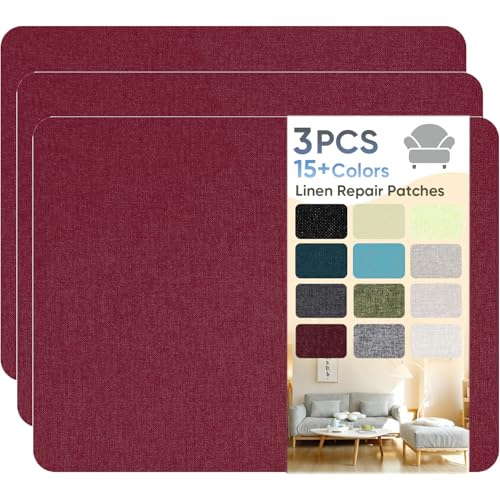 Flicken Selbstklebend Stoff, Leinen Reparatur Patches, Stoffe Reparatur, 20 x 28 cm Leinenstoff Patches Selbstklebend für Sofa, Bürostuhl, Autositze, Kopfteile, Vorhang - Wein Rot (3 Stück) von HOCOXW