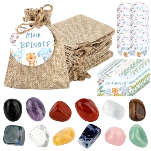 12 Set Glückssteine für Kinder, Bunte Glückssteine mit Jutesäckchen und “Glück BRINGER” Waldtiere Grußkarten, Party Mitgebsel Glücksbringer Kinder für Party Souvenirs Kindergeburtstag Gastgeschenke von HOCUCHELAND