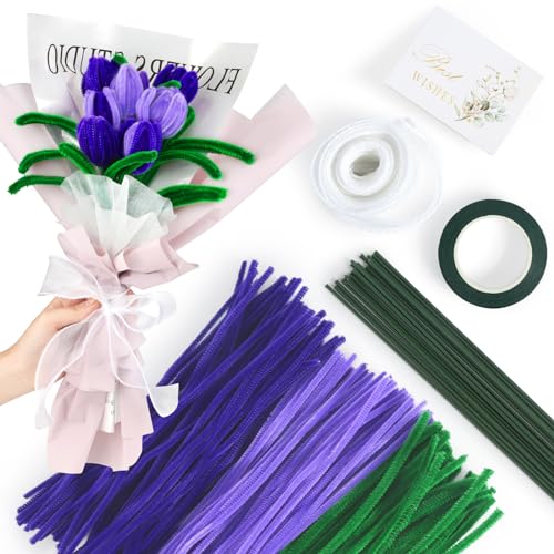 300 Stück Pfeifenreiniger Blumen, 3 Farben Pfeifenputzer Zum Basteln mit Geschenkpapier, GrußKarte, Band, Blumenstab, Chenilledraht Bunt Geeignet für 16-20 Tulpen oder Lavendelsträuße von HOCUCHELAND