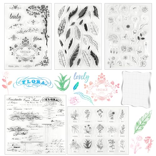 5 Stück Silikonstempel Blumen, Stempel Blumen Clear Stamp, Zeichen Blumen und Blätter Silikon Stempel mit Acrylblock, Vintage Silikon Stempel Set für DIY Journal Pflanzen Scrapbooking von HOCUCHELAND