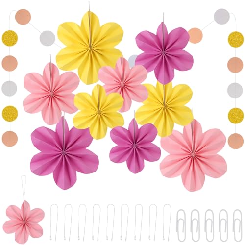 9 Stück Papierblumen zum Aufhängen, Papier Fächer Papierblumen Dekoration mit 9 Verbinder, 2 m Girlande, Blumen Papier Party Deko Girlande für Hochzeit Kirschblüten Backdrop Tischdeko Abschlussfeier von HOCUCHELAND