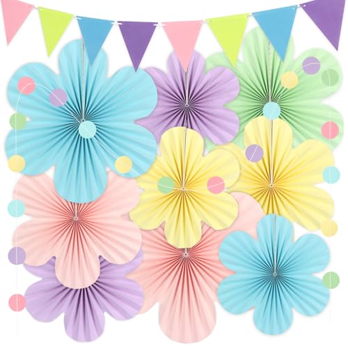 9 Stück Papierblumen Hanging, Papierfächer Papierblumen Deko mit 2 Stück Wimpelkette, Blumen zum Basteln Gartenparty Deko, Papier Blumen Party Deko Gartenparty mit Schnur und Pin 20/25/35 cm von HOCUCHELAND