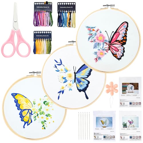 3 Stück Stickerei Anfänger, Schmetterling Sticken Set für Anfänger, Stickerei Set mit Stickrahmen, Bestickten Stoff, Farbfäden und Werkzeuge Kit, Stickset für Anfänger DIY Kreuzstich Handwerk Nähen von HOCUCHELAND