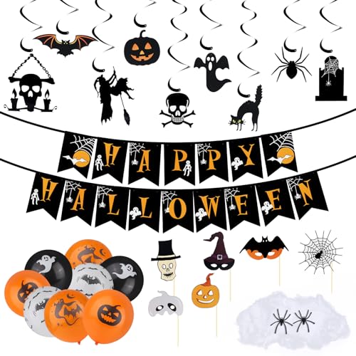 Halloween Deko Set, Halloween Deko Innen, Happy Halloween Girlande und Spiralen Deko, Halloween Party mit Luftballons, Spinnennetz Halloween, Halloween Dekoration Innen für Gruse Party und Garten von HOCUCHELAND