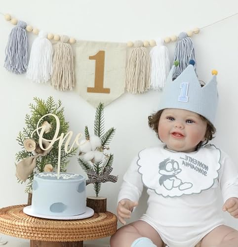 Baby Boy First Birthday Party Dekorationen Blau Weiß Hochstuhl Banner 1. Geburtstag Krone Kuchen Topper 1. Geburtstag Dekor von HODIHIWI