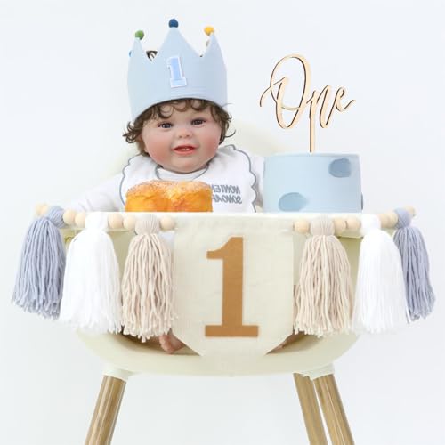 Baby Boy First Birthday Party Dekorationen Blau Weiß Hochstuhl Banner 1. Geburtstag Krone Kuchen Topper 1. Geburtstag Dekor von HODIHIWI