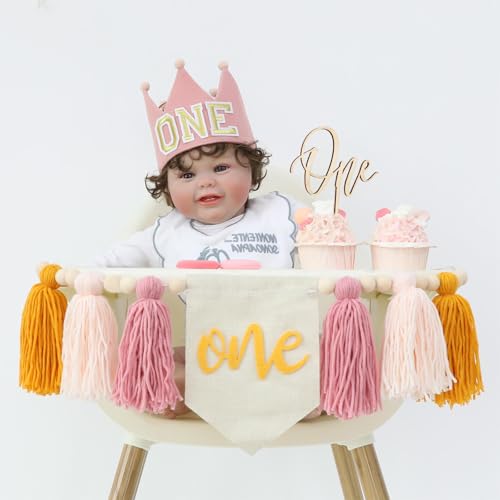 Rosa 1. Hochstuhl Holzperle Quaste Girlande Krone Hut Holz Kuchen Topper Geburtstag Babyparty Dekorationen von HODIHIWI