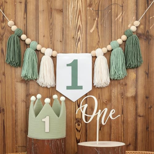 Wild One 1st Green Highchair Wood Bead Tassel Garland Crown Hat Wooden Cake Topper Birthday Party Decorations von HODIHIWI