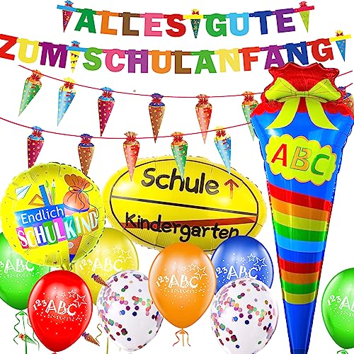 Einschulung Deko, Girlande Alles Gute Zum Schulanfang + Schuleinführung Zuckertüten Banner + 18 Luftballon mit ABC 123 Motiv + 2 Schultüte Konfetti + 3 Schule Folienballon für Jungen Mädchen von HOECMRHP