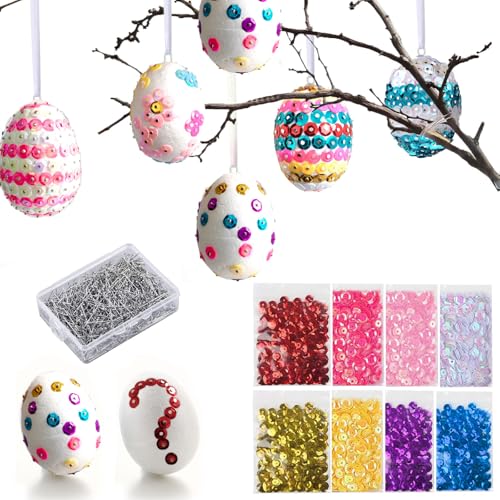 HOECMRHP Ostereier Styropor Bastelset, 20 Deko Pailletten-Eier für Aufhängen und Osterdeko, Ostern Styroporeier Basteln Set, Bunten Pailetten Stecknadeln, Osterdekoration zum verzieren von HOECMRHP