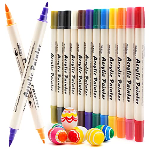 HOHAN 12 Farben Acrylstifte für Steine Wasserfest Dual Tip Pinsel und feine Spitze Steine bemalen Set Permanent Marker Stifte,Glasmalstifte Bemalen für Holz, Basteln, Keramik,Leinwand von HOHAN