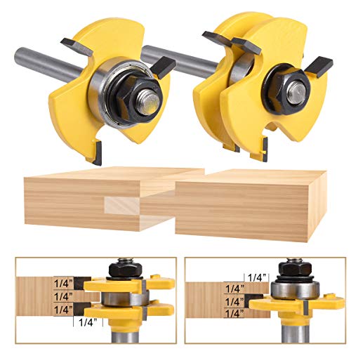 HOHXEN 2 Stück/Satz Nut- und Federfräser-Set 1/4 "Zahnbreite 1/4" Schaft 3 Zähne T-förmiger Holzfräser Bodenbelag Holzbearbeitungswerkzeuge von HOHXEN