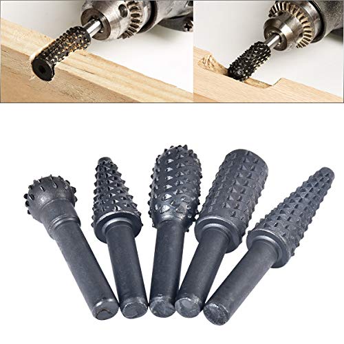 HOHXEN 5 stk Holzbearbeitung Rotary Grar Set Schwarz, 1/4" 6.35mm Rundschaft Schaft Rotary Rasp File Set Bohrer für DIY Holzbearbeitung, Schnitzen, Gravieren, Bohren, Polieren, Expanding Löcher von HOHXEN