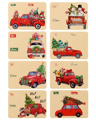 80 Stück Etiketten Selbstklebend Weihnachten, Kraftpapier Geschenkaufkleber Weihnachten,Vintage Rotes Lkw-Thema, Namensaufkleber Weihnachten Etiketten Aufkleber Namensschilder Geschenketikette Sticker von HOIIOH